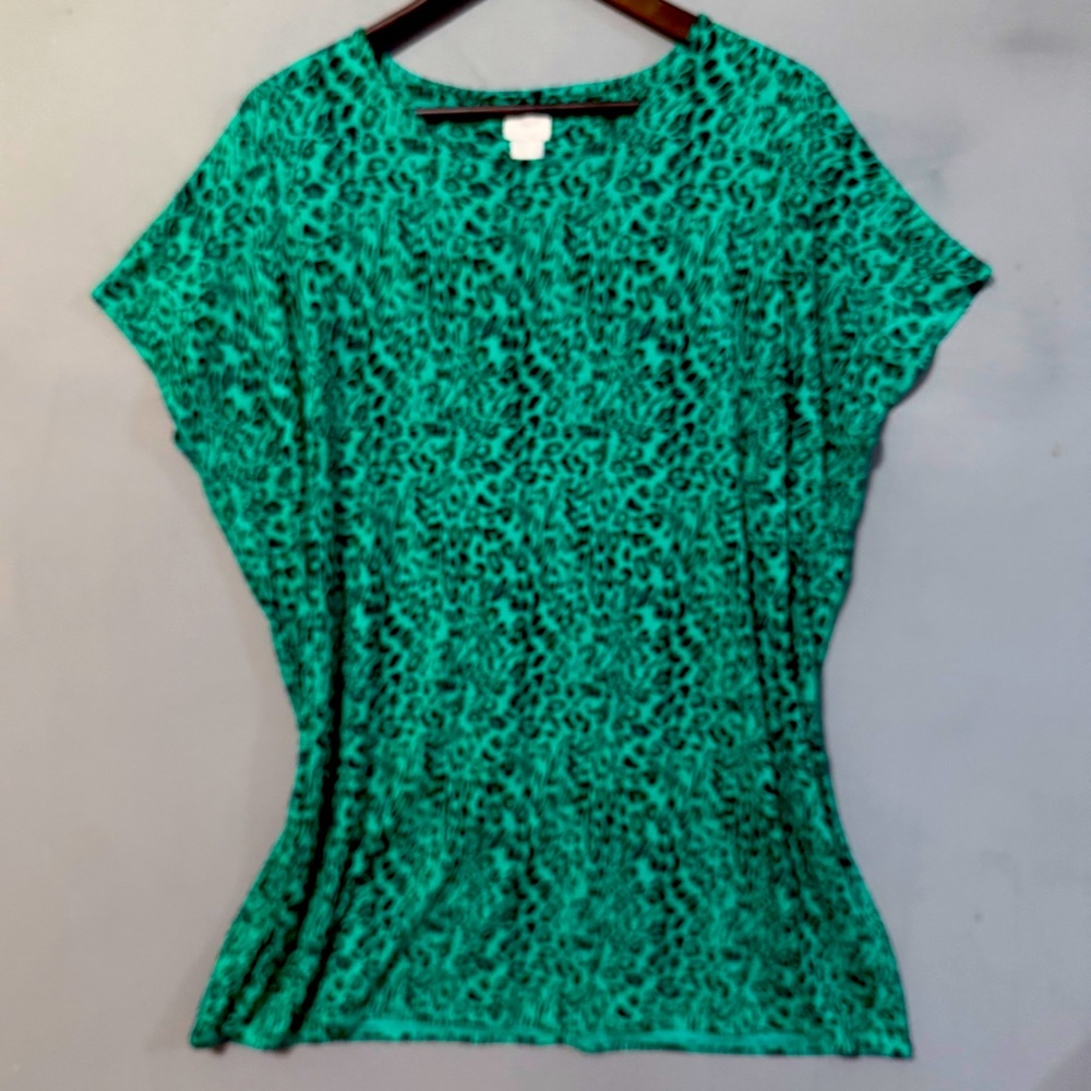 Chico's 3/XL Green & Black Leopard Cheetah Print Short Sleeve Knit Blouse Office